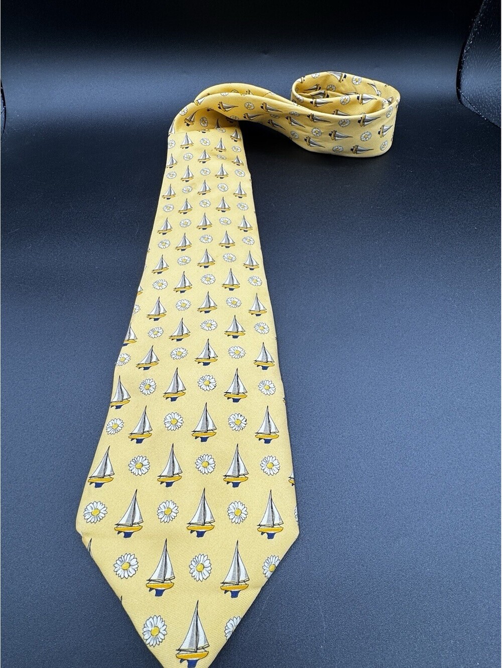 Vintage Lands’ End Silk Tie Sailboat Daisy Nautical Yellow Hand Sewn USA
